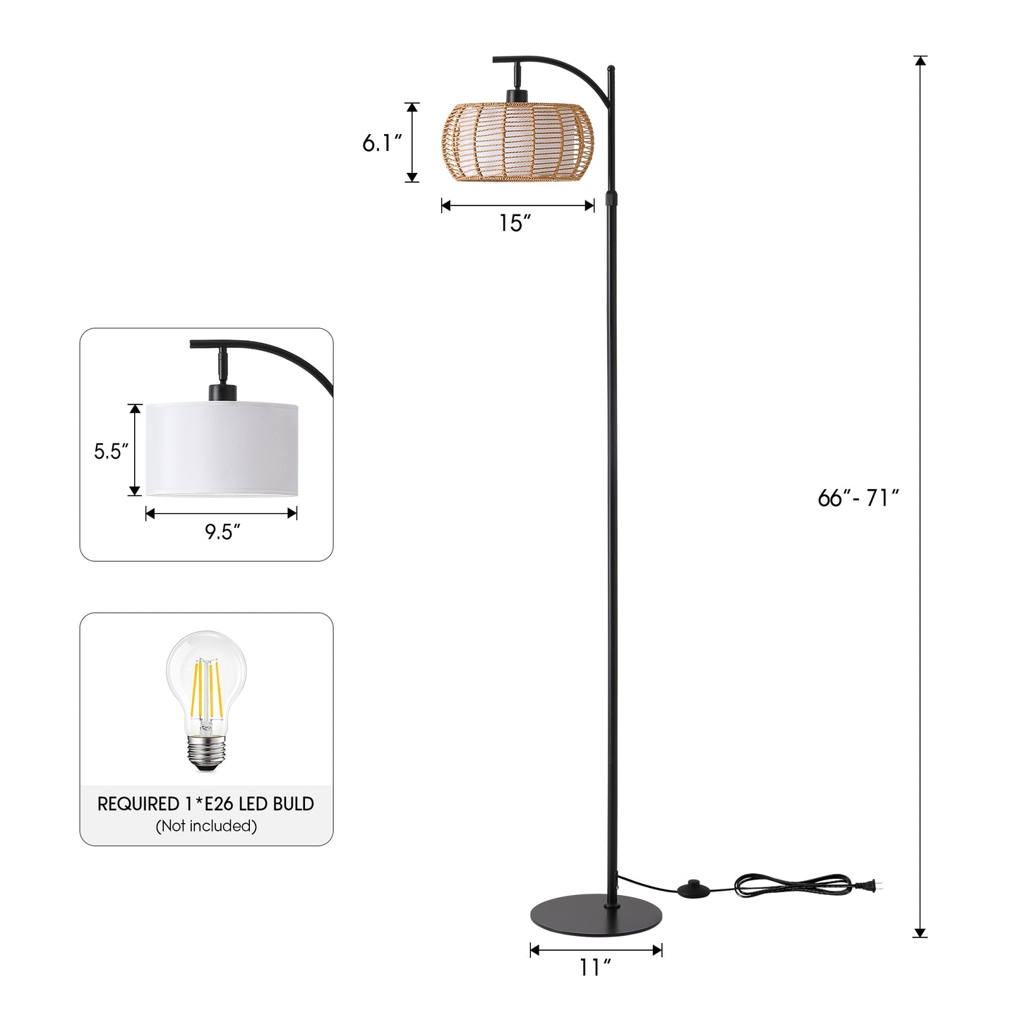 71 in. Black Boho 1-Light Standard Floor Lamp with Rattan and Fabric Shade for Living Room(Bulb not Included)