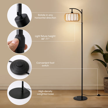 71 in. Black Boho 1-Light Standard Floor Lamp with Rattan and Fabric Shade for Living Room(Bulb not Included£©