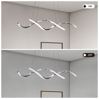 35in LED Wave Chandelier, Dimmable Silver Pendant Light with Remote Control for Dining Room