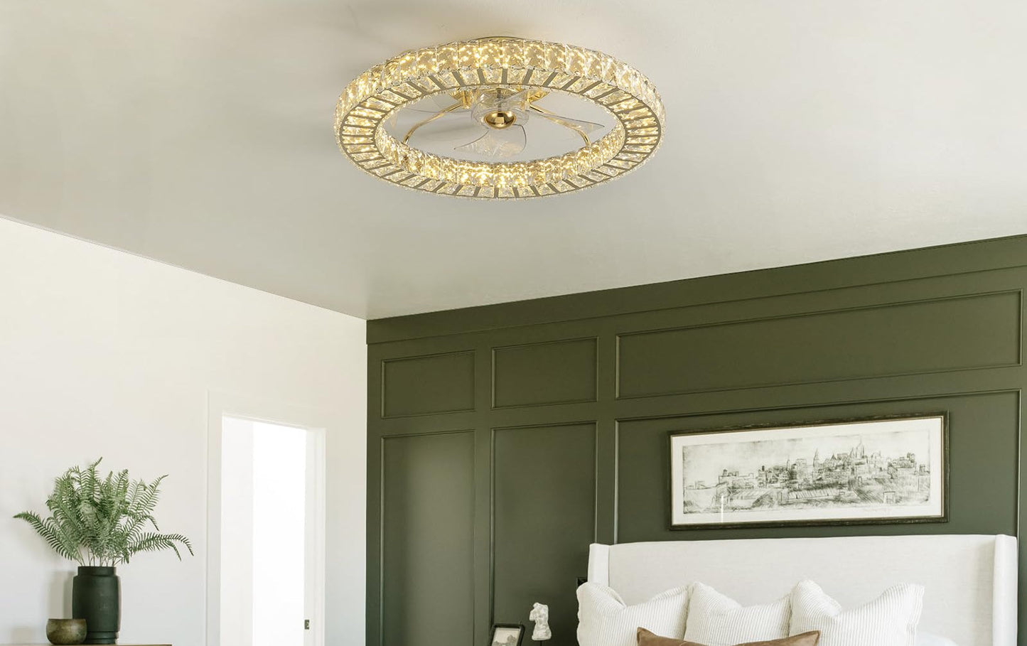 Modern 22 in. Indoor Gold Low Profile Crystal Chandelier Ceiling Fan with Light with Remote Included