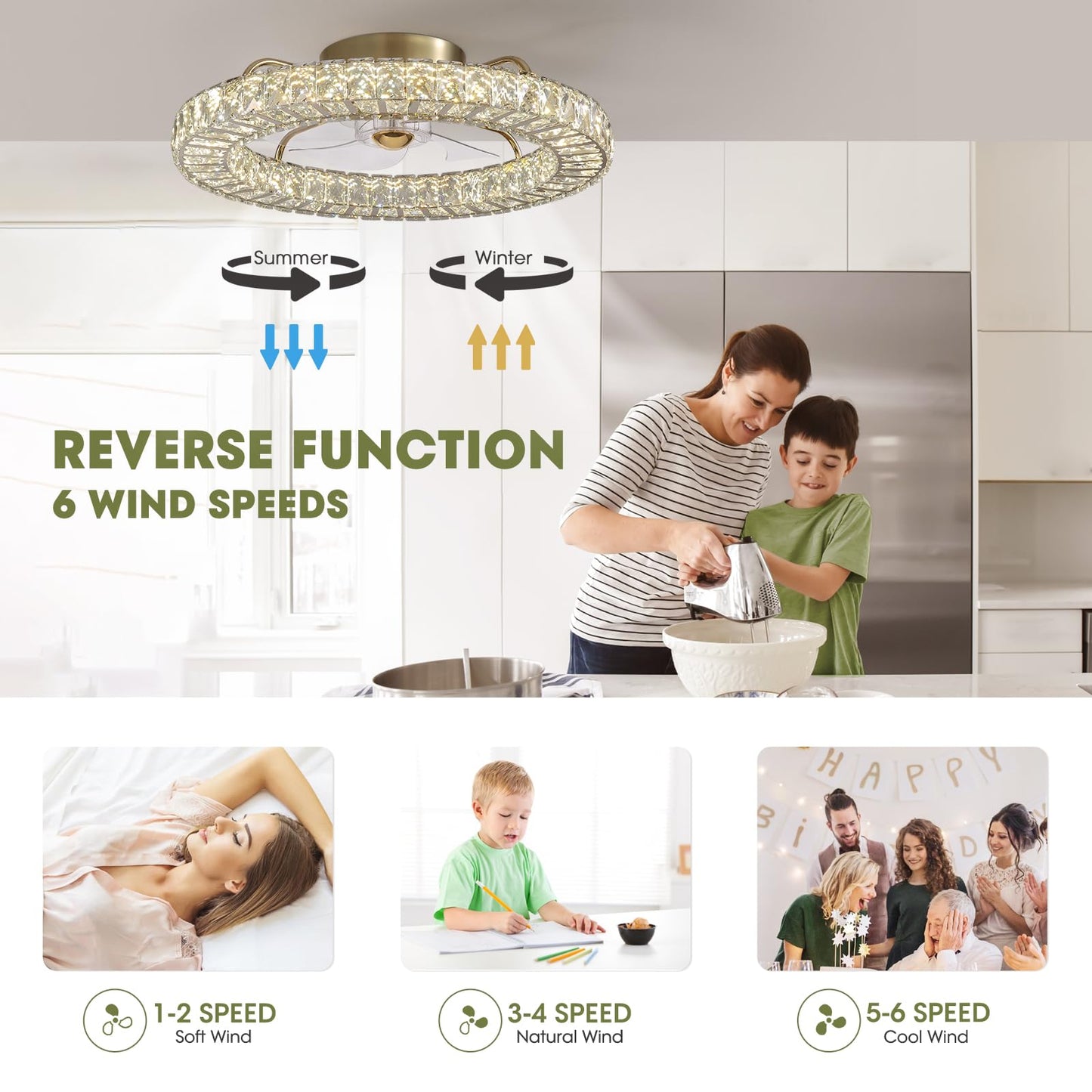 Modern 22 in. Indoor Gold Low Profile Crystal Chandelier Ceiling Fan with Light with Remote Included