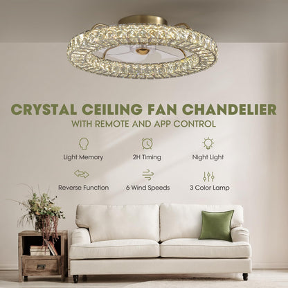 Modern 22 in. Indoor Gold Low Profile Crystal Chandelier Ceiling Fan with Light with Remote Included