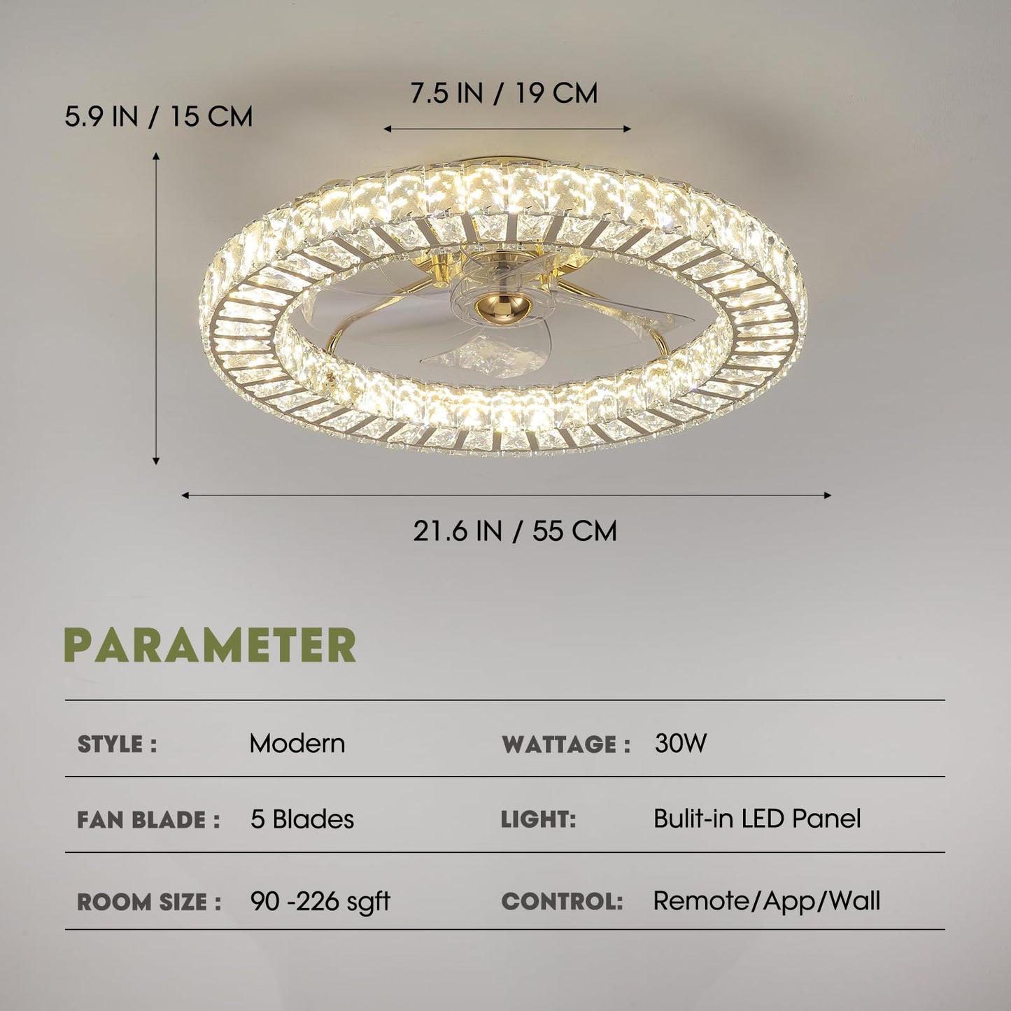 Modern 22 in. Indoor Gold Low Profile Crystal Chandelier Ceiling Fan with Light with Remote Included