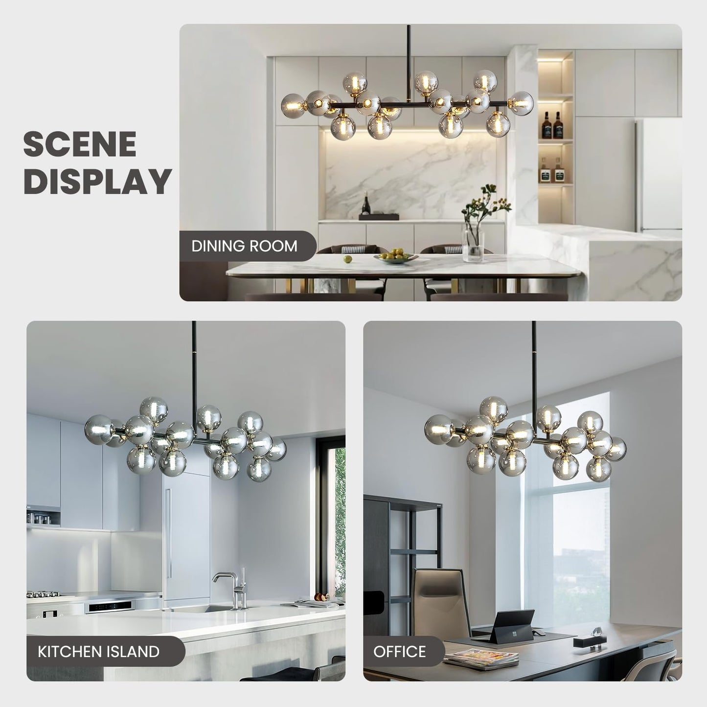 Modern 16 Lights Gray Glass Globe Chandelier for Dining Room Kitchen Island with No Bulbs