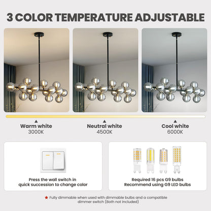 Modern 16 Lights Gray Glass Globe Chandelier for Dining Room Kitchen Island with No Bulbs