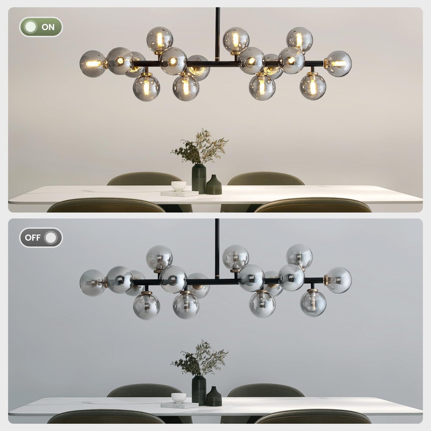 Modern 16 Lights Gray Glass Globe Chandelier for Dining Room Kitchen Island with No Bulbs