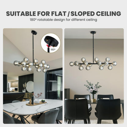 Modern 16 Lights Gray Glass Globe Chandelier for Dining Room Kitchen Island with No Bulbs