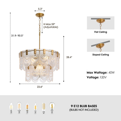 23.6 in. Modern 9-Light Gold Crystal Chandelier Circle Drum Round 2-Tiers Chandelier for Dining Living Room Bedroom