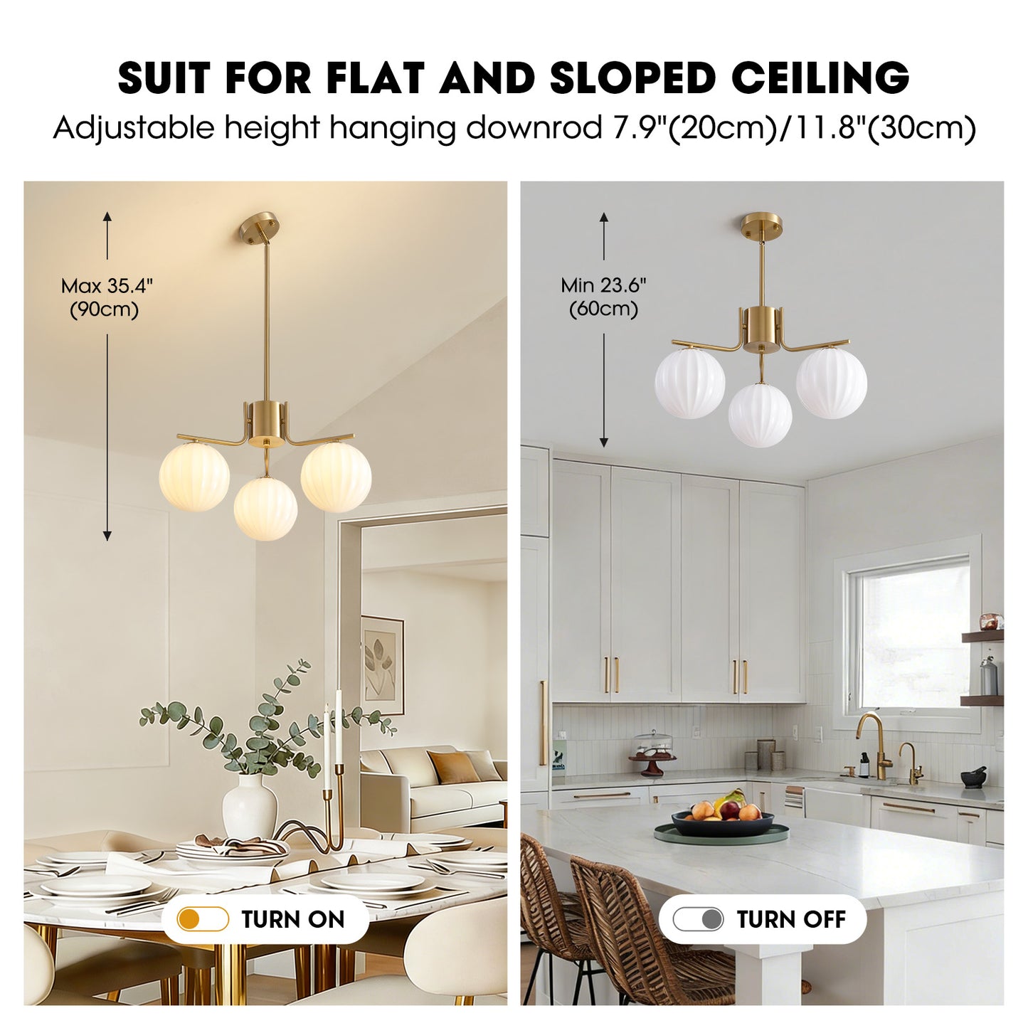 24in Gold 3-Light Pendant with Watermelon Glass Shades, Adjustable for Sloped Ceilings