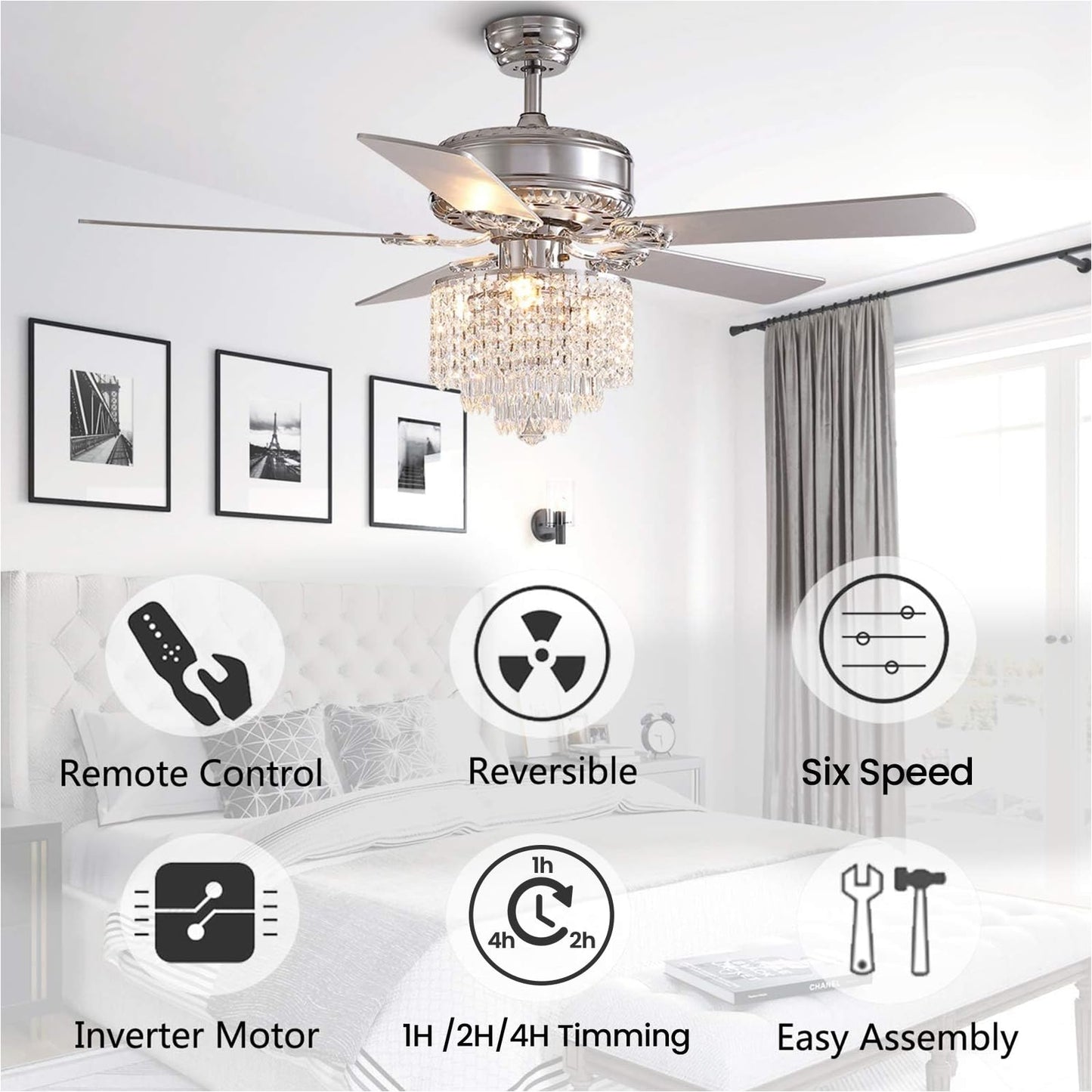 52 In. Indoor Modern Downroad Mount Silver Crystal Beads Ceiling Fan Reversible Fandelier with Remote No Bulb Included