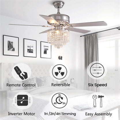 52 In. Indoor Modern Downroad Mount Silver Crystal Beads Ceiling Fan Reversible Fandelier with Remote No Bulb Included