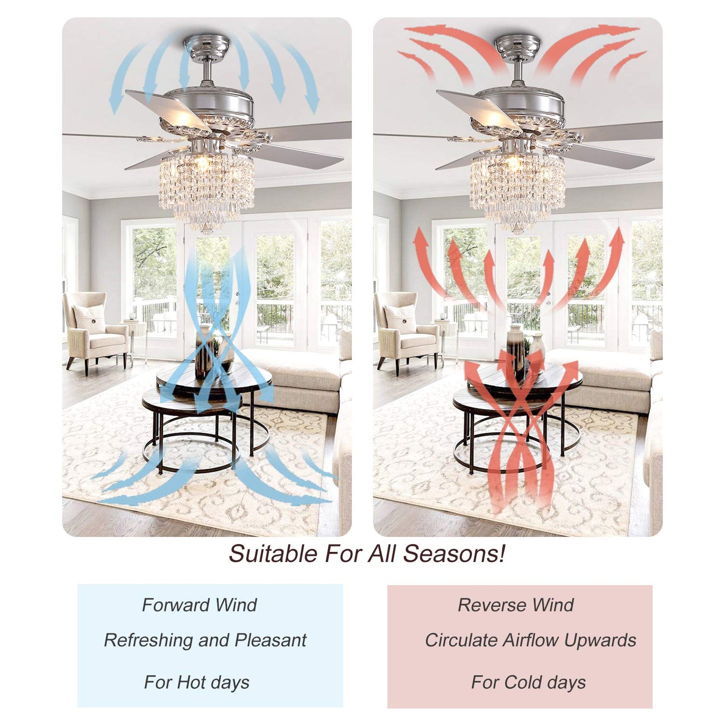 52 In. Indoor Modern Downroad Mount Silver Crystal Beads Ceiling Fan Reversible Fandelier with Remote No Bulb Included