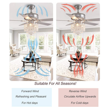 52 In. Indoor Modern Downroad Mount Silver Crystal Beads Ceiling Fan Reversible Fandelier with Remote No Bulb Included
