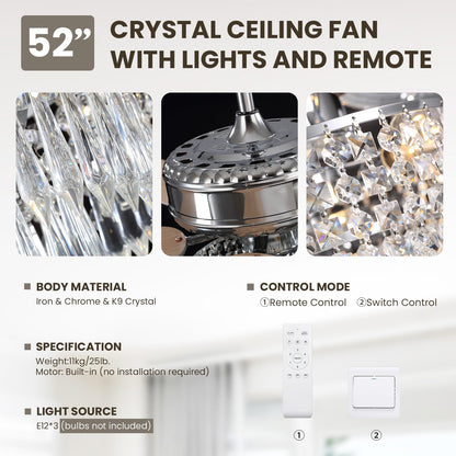52 In. Indoor Modern Downroad Mount Silver Crystal Beads Ceiling Fan Reversible Fandelier with Remote No Bulb Included