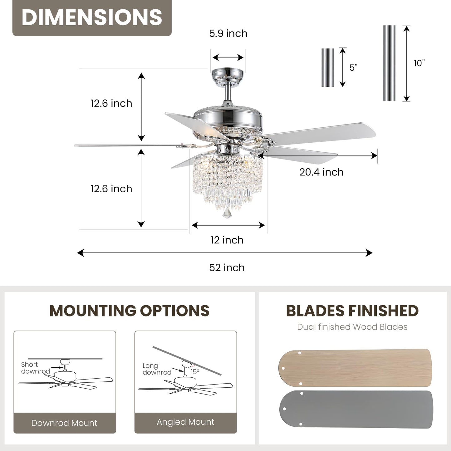 52 In. Indoor Modern Downroad Mount Silver Crystal Beads Ceiling Fan Reversible Fandelier with Remote No Bulb Included