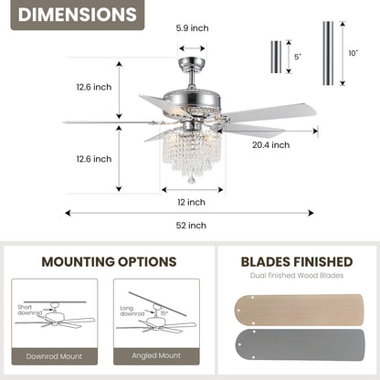 52 In. Indoor Modern Downroad Mount Silver Crystal Beads Ceiling Fan Reversible Fandelier with Remote No Bulb Included