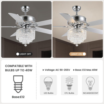 52 In. Indoor Modern Downroad Mount Silver Crystal Beads Ceiling Fan Reversible Fandelier with Remote No Bulb Included