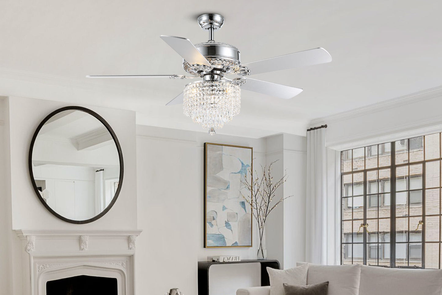 52 In. Indoor Modern Downroad Mount Silver Crystal Beads Ceiling Fan Reversible Fandelier with Remote No Bulb Included