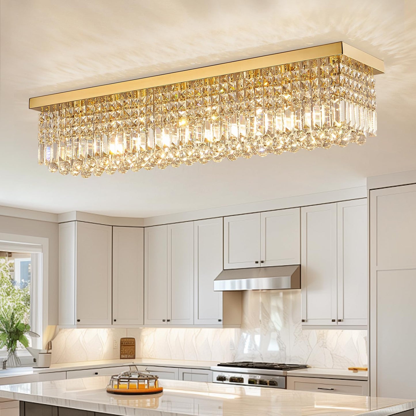 40in 8-Light Gold Rectangle Flush Mount with K9 Clear Crystal Shade and No Bulbs Included