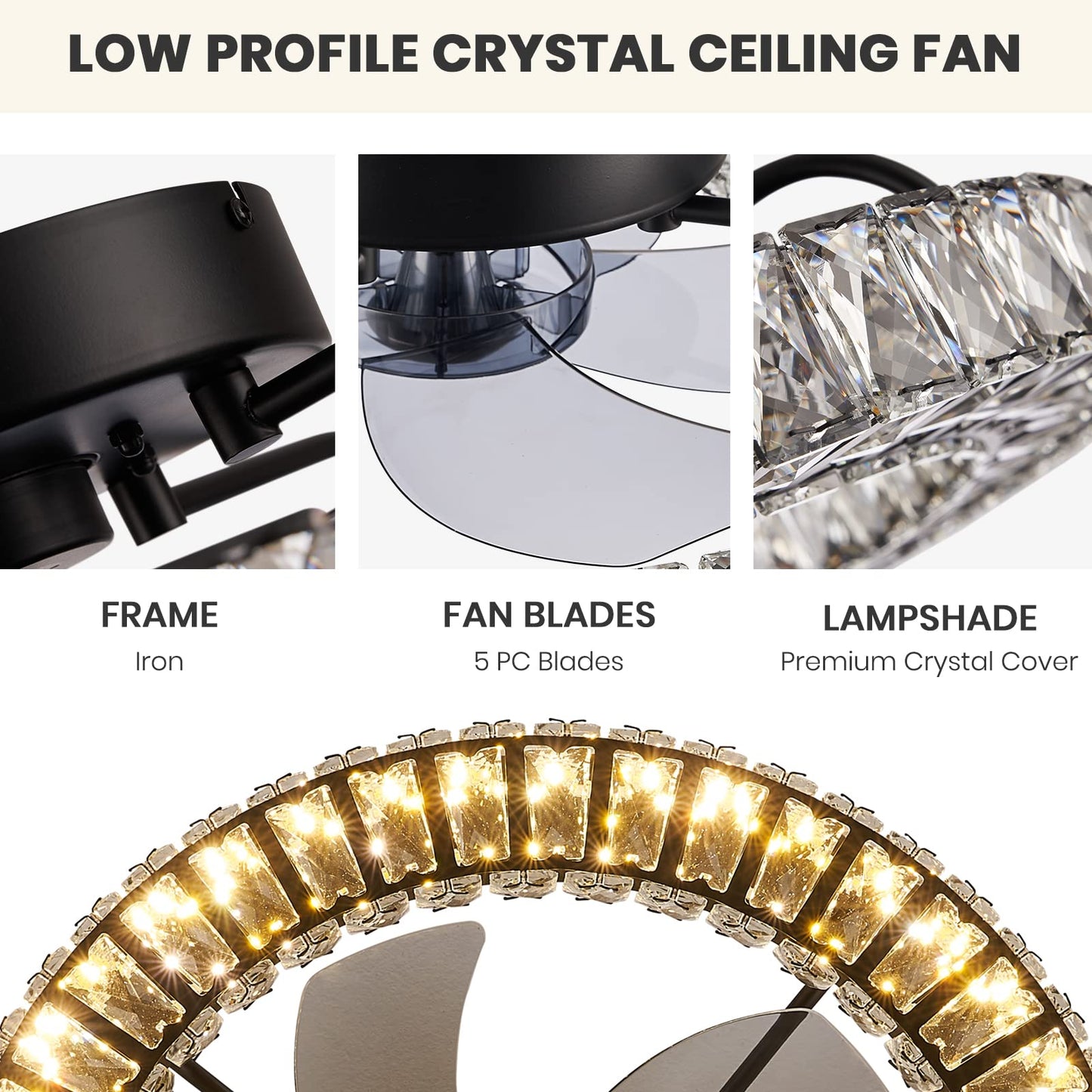 22 in. LED Smart Indoor Black Flush Mount Fandelier Low Profile Crystal Chandelier Ceiling Fan with Remote Control