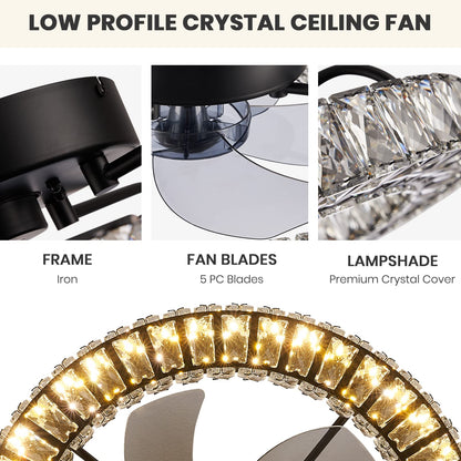 22 in. LED Smart Indoor Black Flush Mount Fandelier Low Profile Crystal Chandelier Ceiling Fan with Remote Control