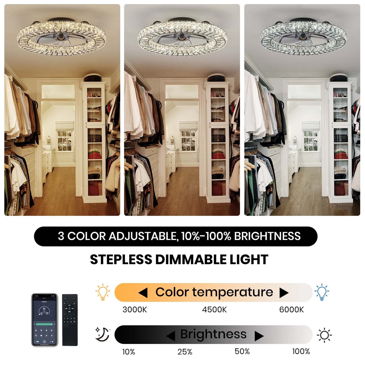 22 in. LED Smart Indoor Black Flush Mount Fandelier Low Profile Crystal Chandelier Ceiling Fan with Remote Control
