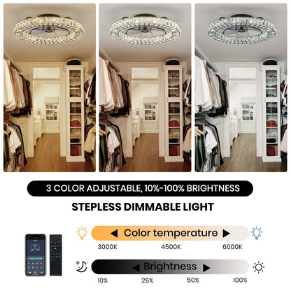 22 in. LED Smart Indoor Black Flush Mount Fandelier Low Profile Crystal Chandelier Ceiling Fan with Remote Control