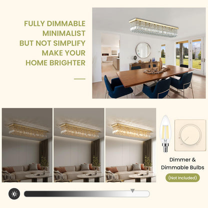 47in Modern 10-Light Gold Rectangle K9 Crystal Chandelier Dimmable for Dining Room (No Bulbs)