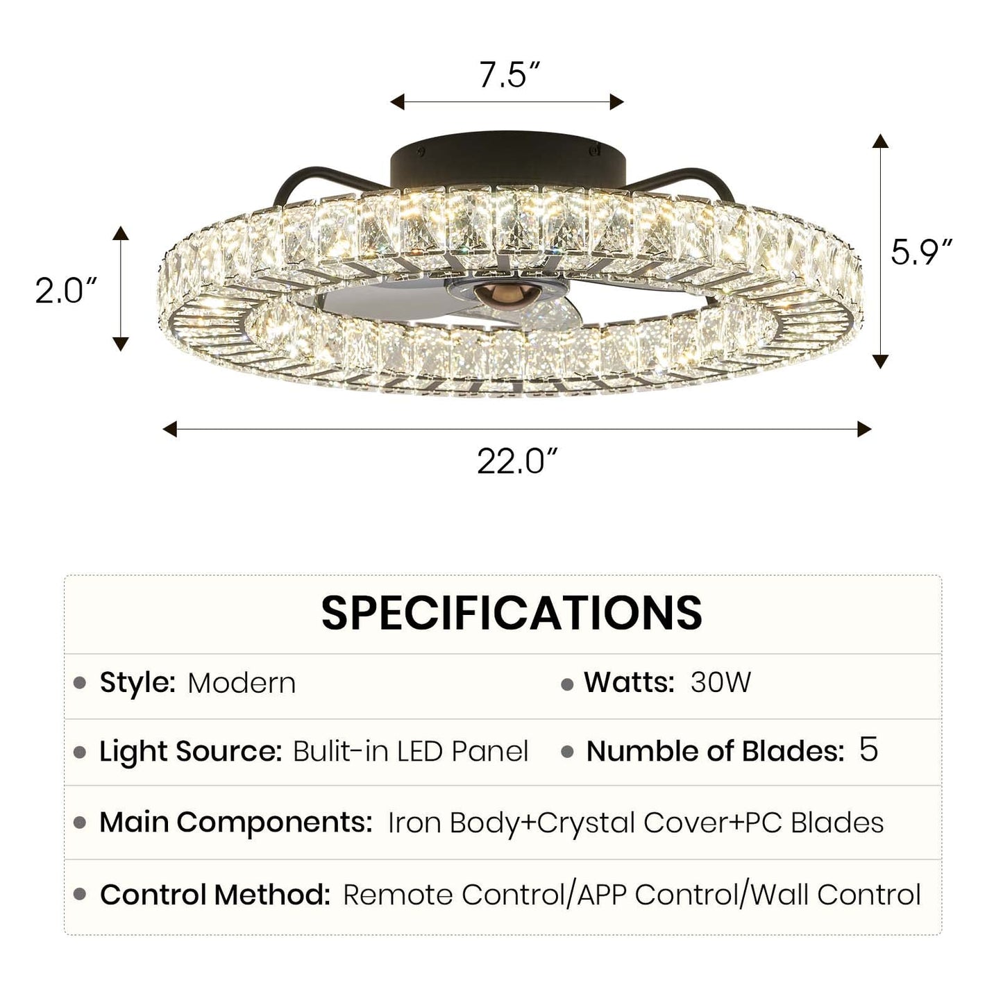 22 in. LED Smart Indoor Black Flush Mount Fandelier Low Profile Crystal Chandelier Ceiling Fan with Remote Control