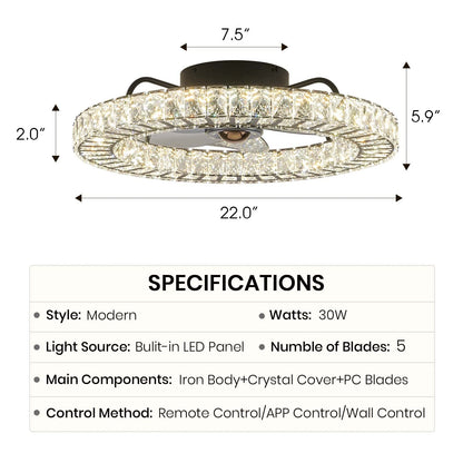 22 in. LED Smart Indoor Black Flush Mount Fandelier Low Profile Crystal Chandelier Ceiling Fan with Remote Control
