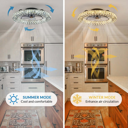 22 in. LED Smart Indoor Black Flush Mount Fandelier Low Profile Crystal Chandelier Ceiling Fan with Remote Control