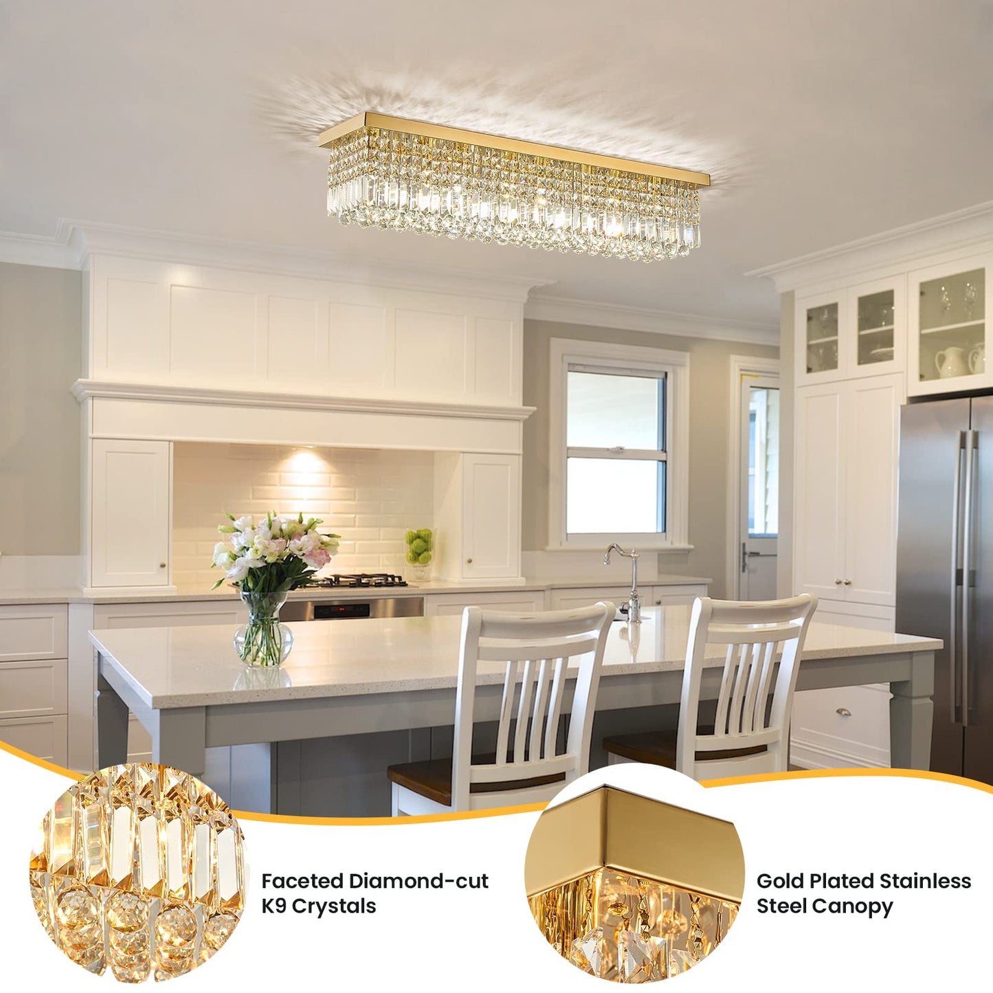 40in 8-Light Gold Rectangle Flush Mount with K9 Clear Crystal Shade and No Bulbs Included