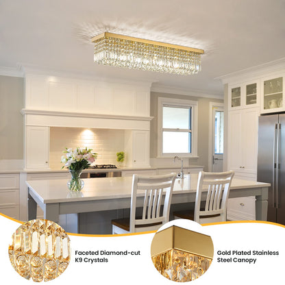 40in 8-Light Gold Rectangle Flush Mount with K9 Clear Crystal Shade and No Bulbs Included