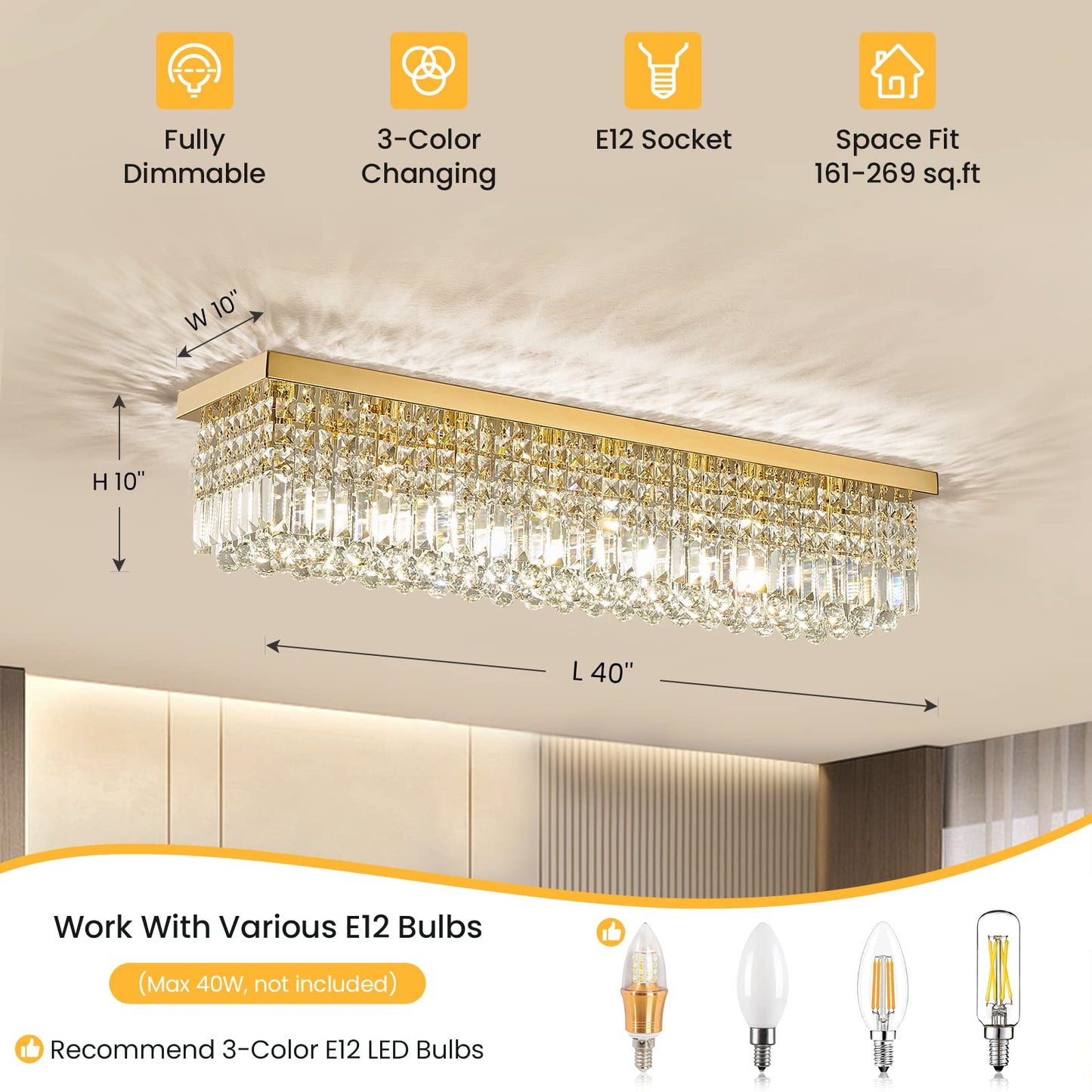 40in 8-Light Gold Rectangle Flush Mount with K9 Clear Crystal Shade and No Bulbs Included