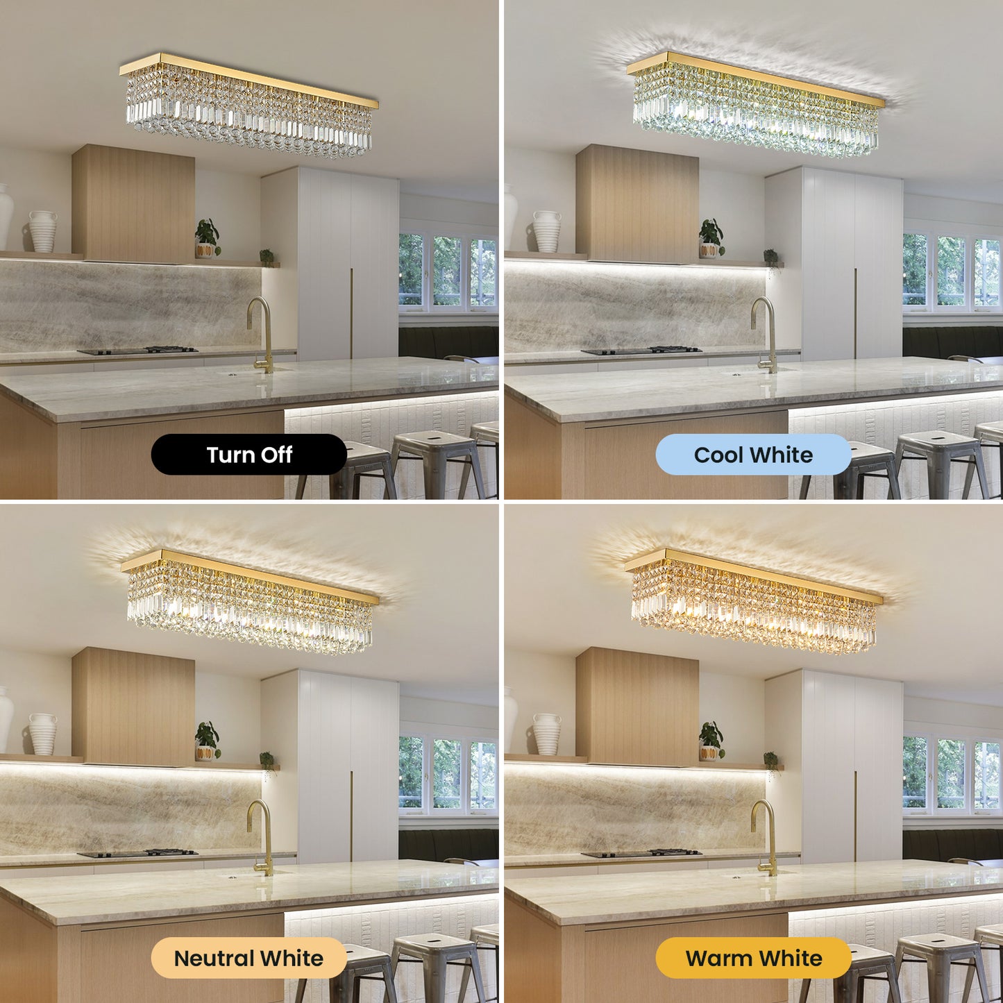 40in 8-Light Gold Rectangle Flush Mount with K9 Clear Crystal Shade and No Bulbs Included
