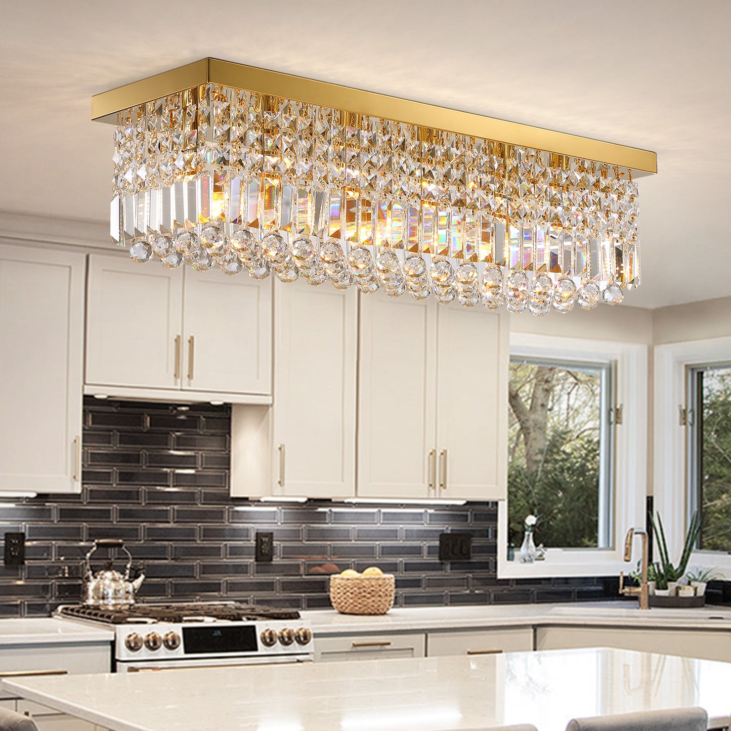 31.5 in 6-Light Gold Rectangle Flush Mount with K9 Clear Crystal Shade and No Bulbs Included