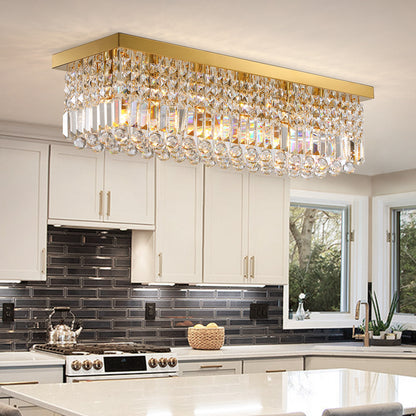 31.5 in 6-Light Gold Rectangle Flush Mount with K9 Clear Crystal Shade and No Bulbs Included