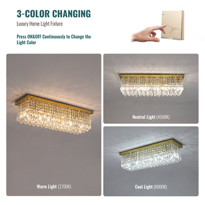 31.5 in 6-Light Gold Rectangle Flush Mount with K9 Clear Crystal Shade and No Bulbs Included