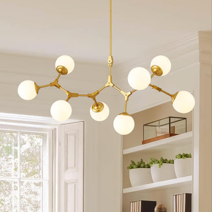 56 in. Modern Gold 8-Light Glass Globe Sputnik Linear Chandelier for Dining Room, Mid Century Kitchen Pendant Light