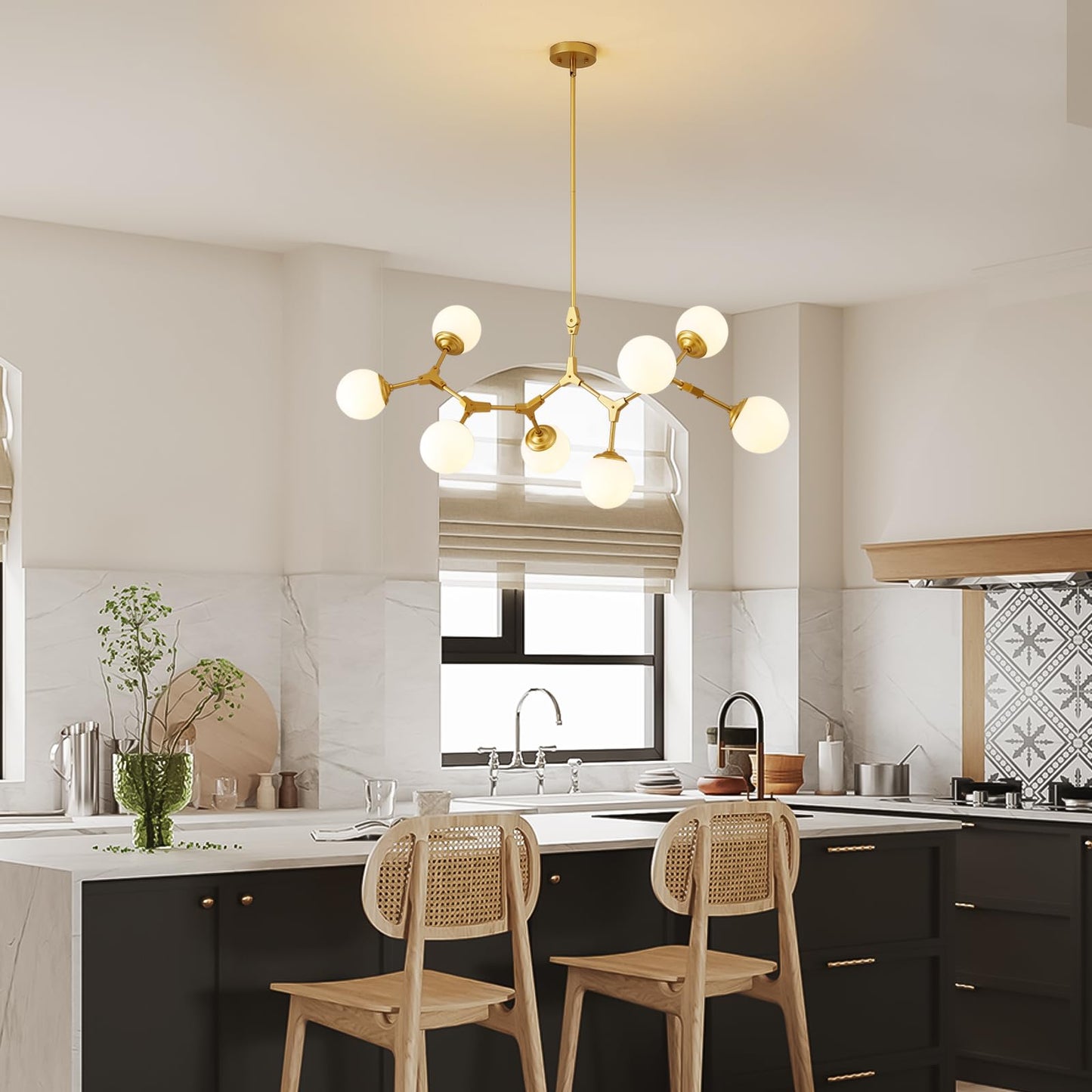 56 in. Modern Gold 8-Light Glass Globe Sputnik Linear Chandelier for Dining Room, Mid Century Kitchen Pendant Light