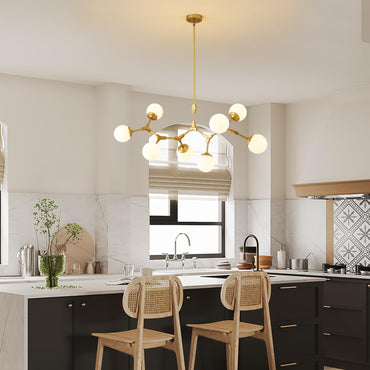 56 in. Modern Gold 8-Light Glass Globe Sputnik Linear Chandelier for Dining Room, Mid Century Kitchen Pendant Light