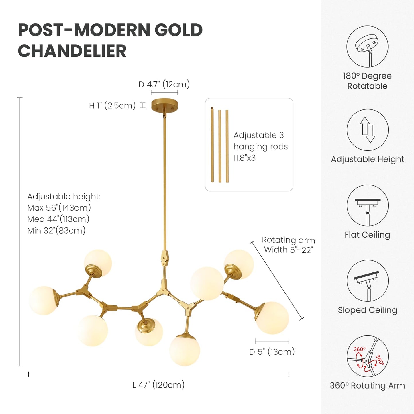 56 in. Modern Gold 8-Light Glass Globe Sputnik Linear Chandelier for Dining Room, Mid Century Kitchen Pendant Light