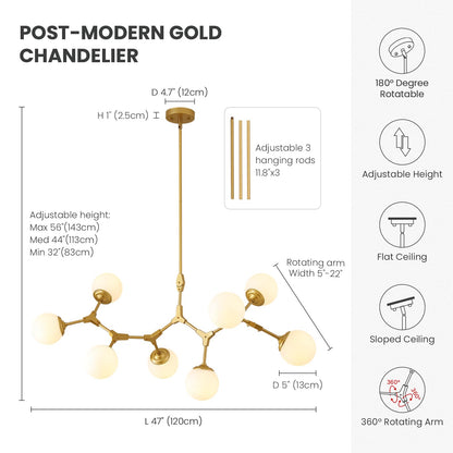 56 in. Modern Gold 8-Light Glass Globe Sputnik Linear Chandelier for Dining Room, Mid Century Kitchen Pendant Light