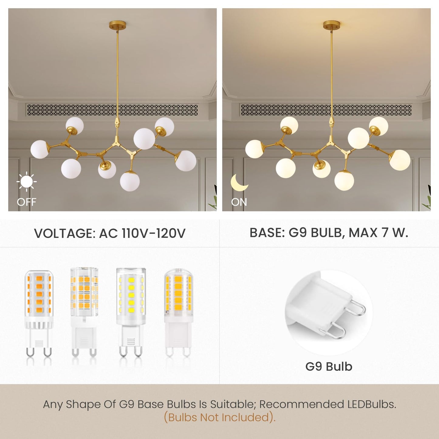 56 in. Modern Gold 8-Light Glass Globe Sputnik Linear Chandelier for Dining Room, Mid Century Kitchen Pendant Light