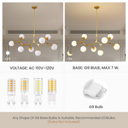 56 in. Modern Gold 8-Light Glass Globe Sputnik Linear Chandelier for Dining Room, Mid Century Kitchen Pendant Light