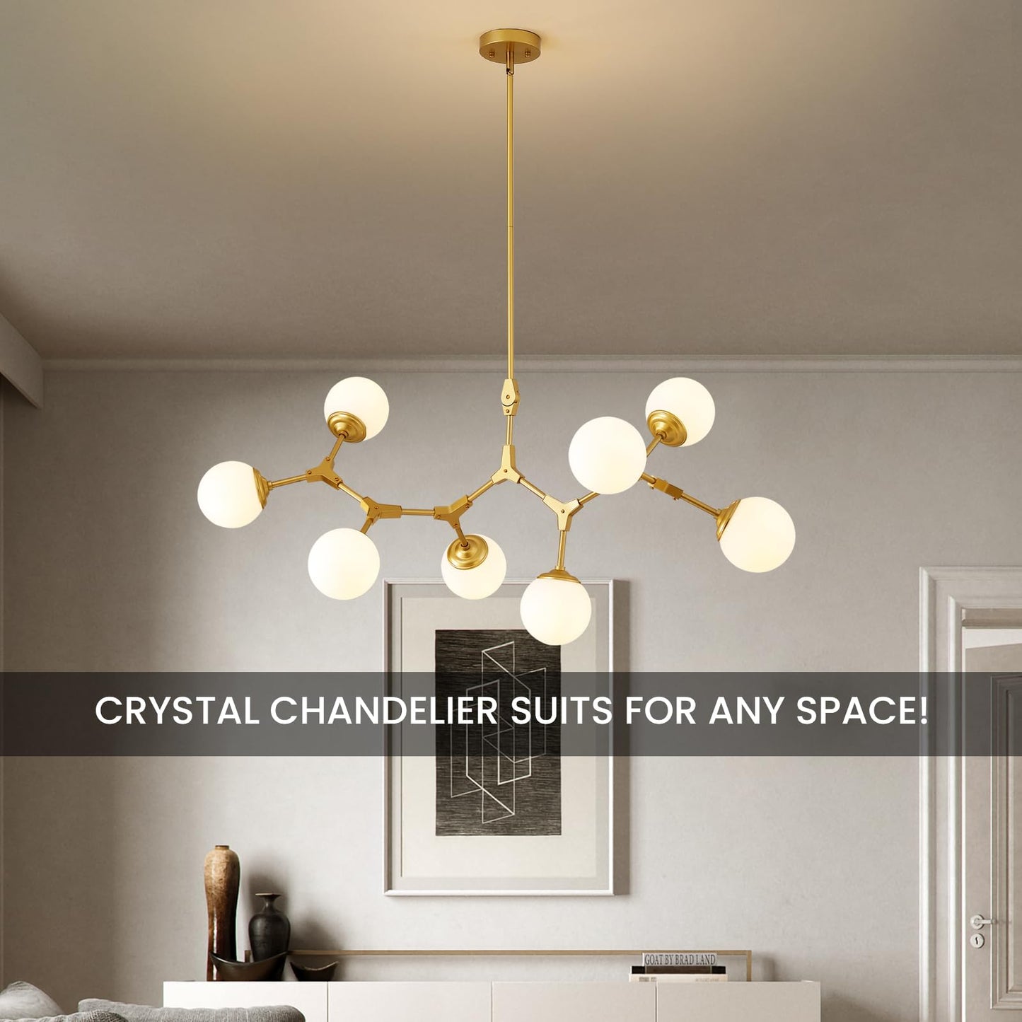 56 in. Modern Gold 8-Light Glass Globe Sputnik Linear Chandelier for Dining Room, Mid Century Kitchen Pendant Light