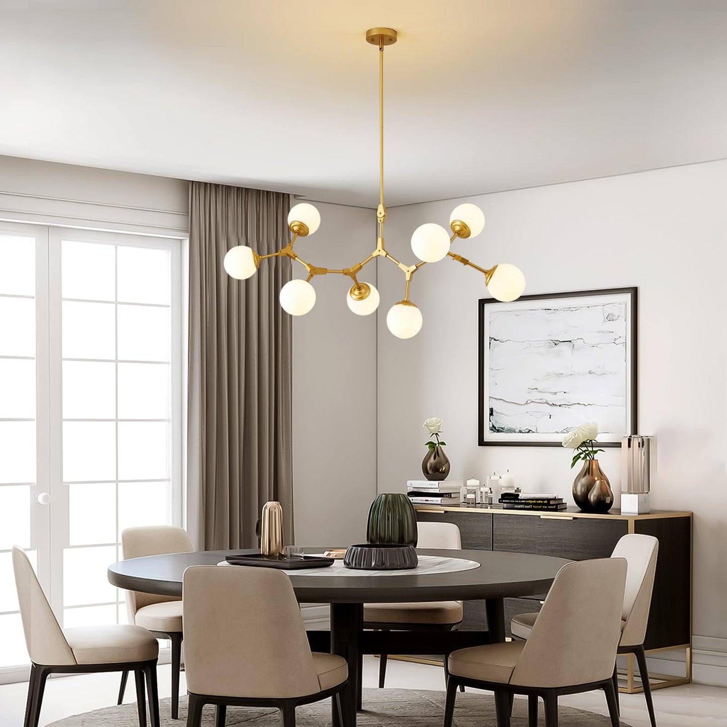 56 in. Modern Gold 8-Light Glass Globe Sputnik Linear Chandelier for Dining Room, Mid Century Kitchen Pendant Light