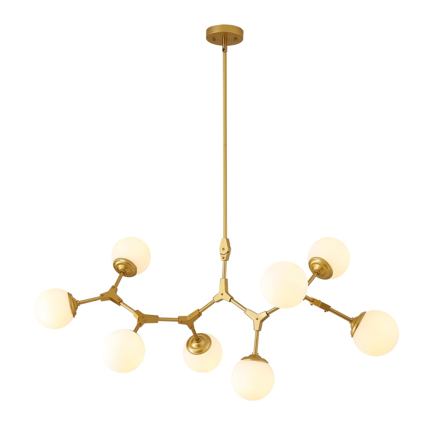 56 in. Modern Gold 8-Light Glass Globe Sputnik Linear Chandelier for Dining Room, Mid Century Kitchen Pendant Light