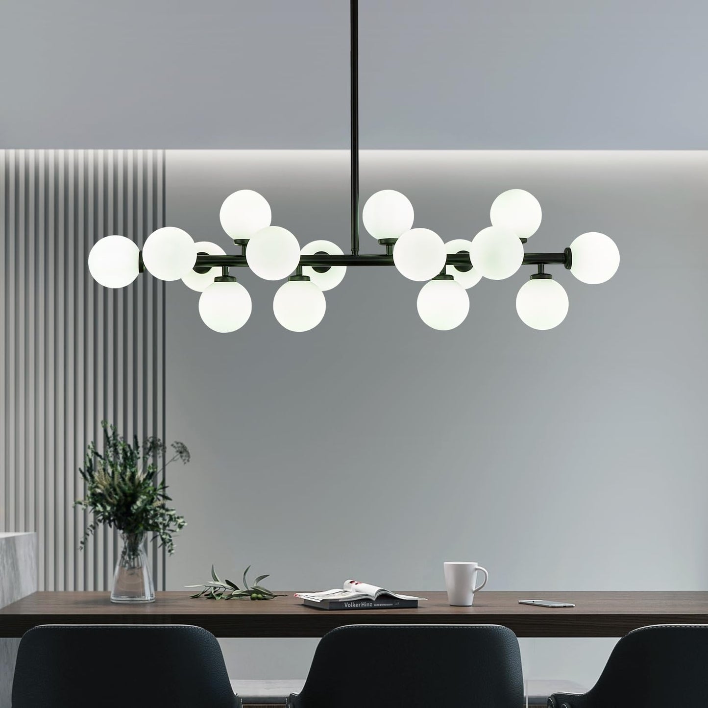 16-Light Mid Century Glass Chandelier 39in Modern Black Linear Pendant Fixture No Bulb
