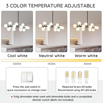 16-Light Mid Century Glass Chandelier 39in Modern Black Linear Pendant Fixture No Bulb